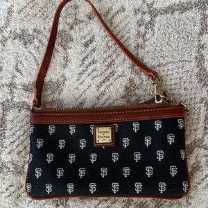 Dooney & Bourke Vintage Black SF Monogram Wristlet Brown Trim and Gold Plaque